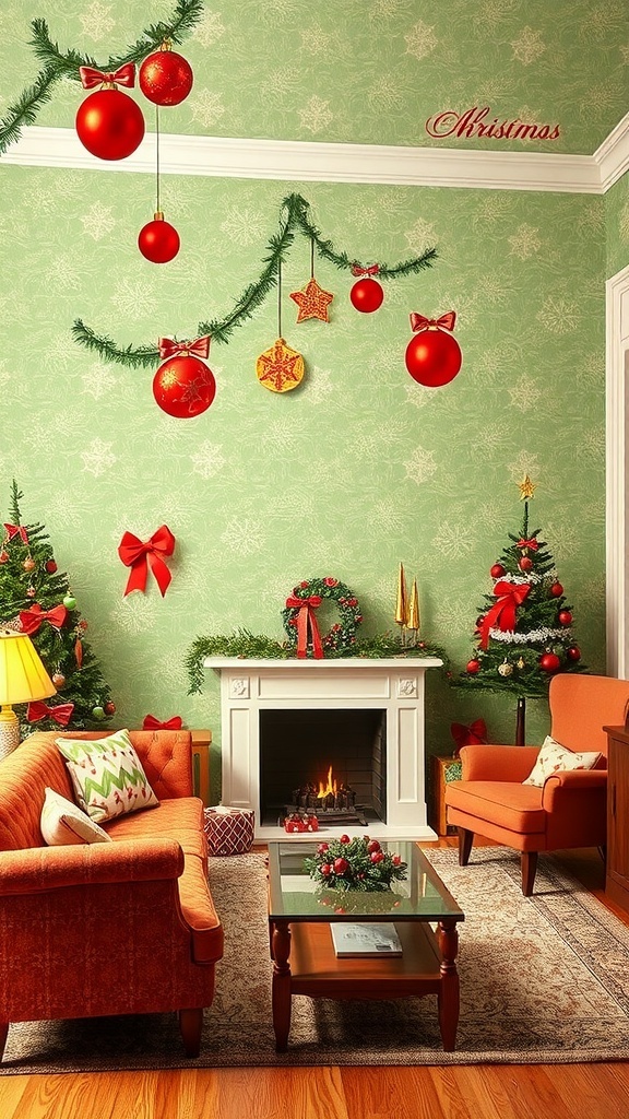 Vintage 1950s Christmas wallpaper with Christmas trees and ornaments in a cozy living room.
